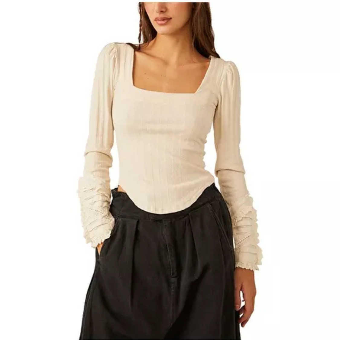 Free People Top Cream Ribbed Square Neck Long Sleeve Ruffle Cuff Blouse